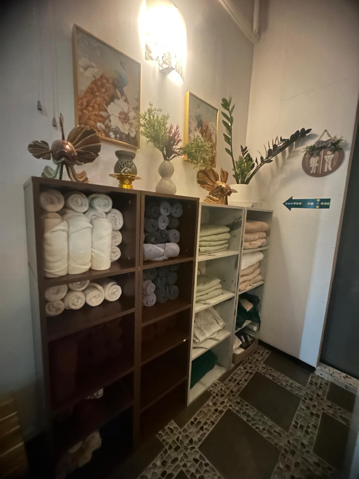 Supply area with neatly organized spa linens