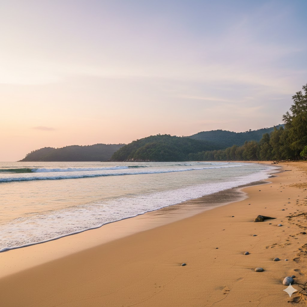Sandy shoreline and calm waters at Bang Tao Beach in Phuket