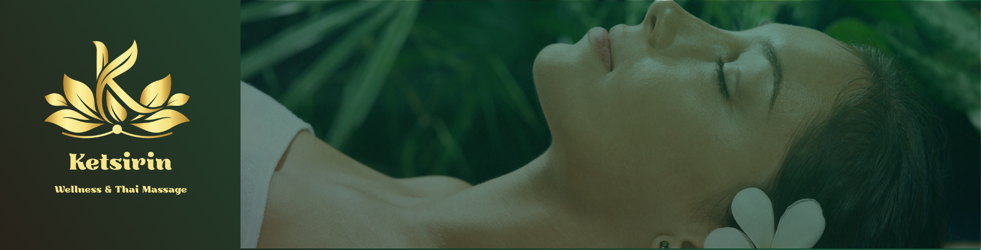 Ketsirin Wellness and Thai Massage logo with woman relaxing during spa treatment surrounded by tropical greenery