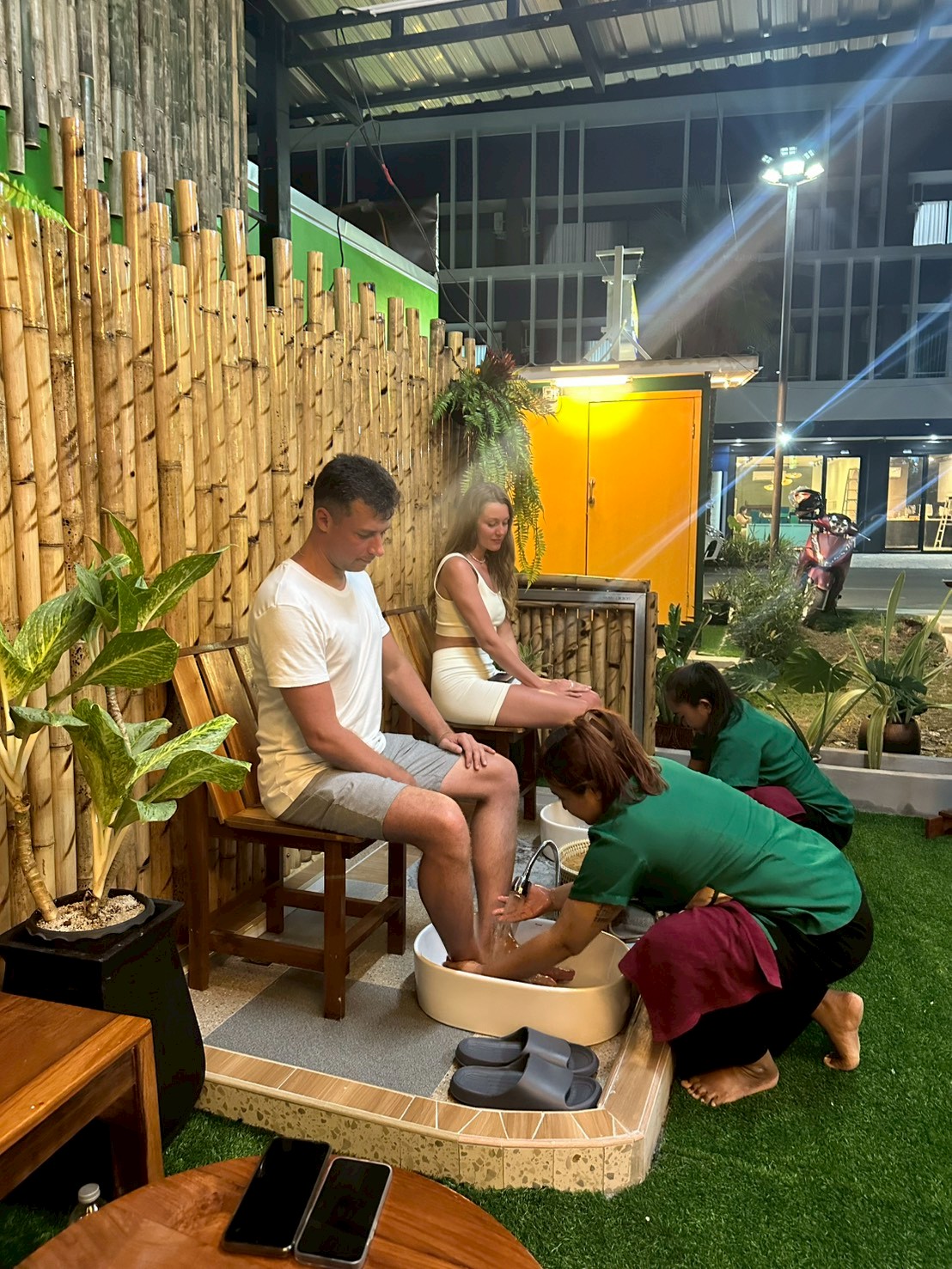 Evening outdoor foot spa